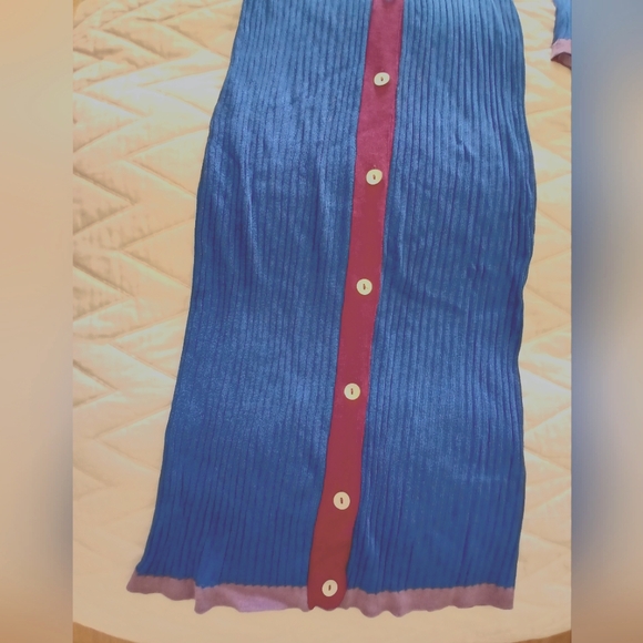 New-Blue Knit Viscose/Mettalic Long 49" Button Up Cardi/Dress w/Burgundy/Lilac - Picture 4 of 11